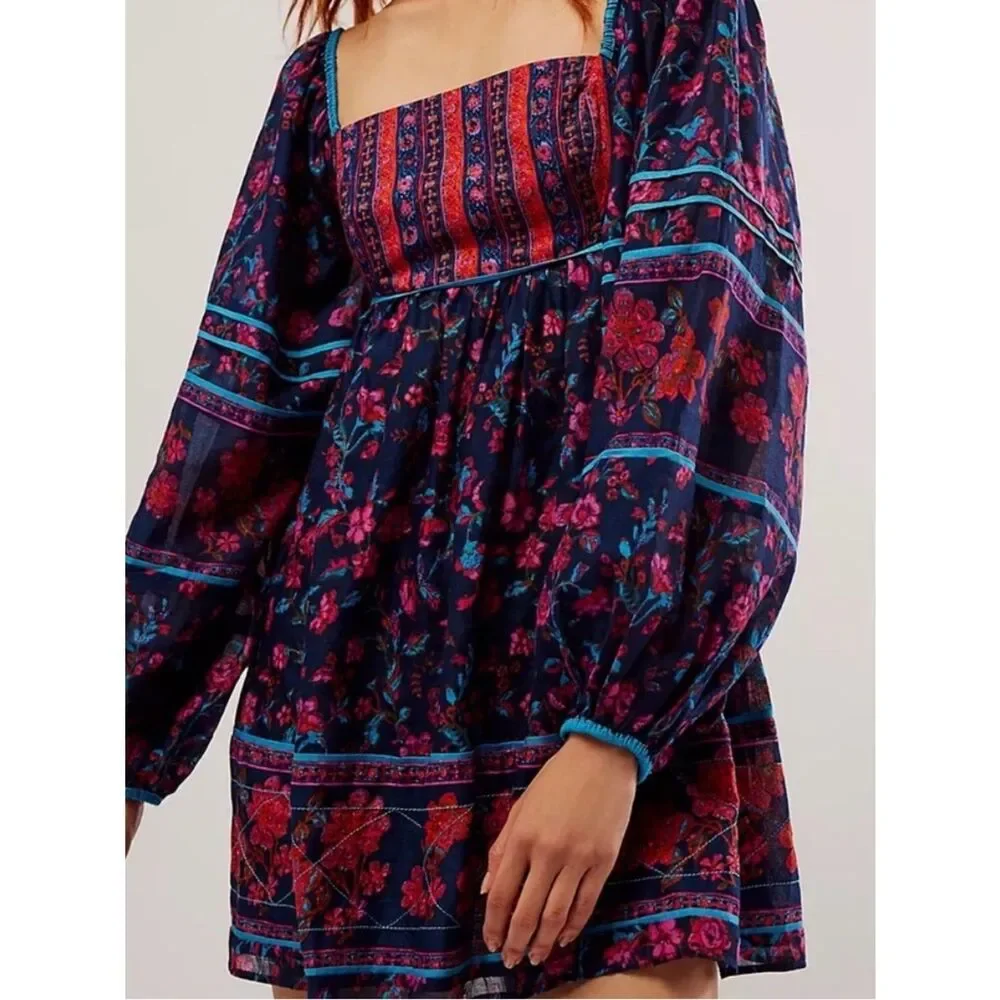 Free people endless afternoon Floral Square-Neck Mini Dress in Navy and Pink